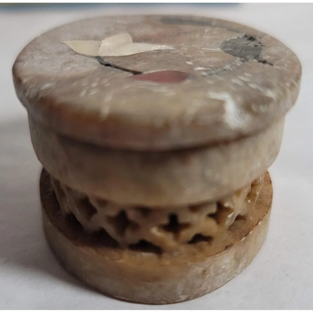 Beige Stone Trinket Box Oval‎ Mini Carved Floral Inlay Decor Gift Rustic